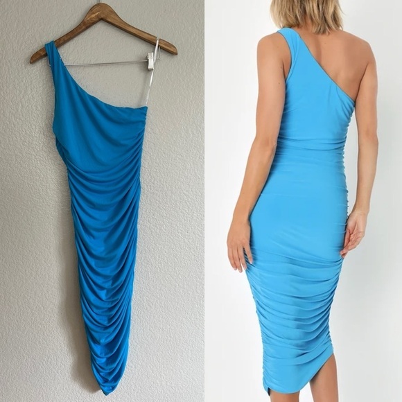Total Appeal Blue Ruched One-Shoulder Bodycon Midi Dress - Picture 3 of 7